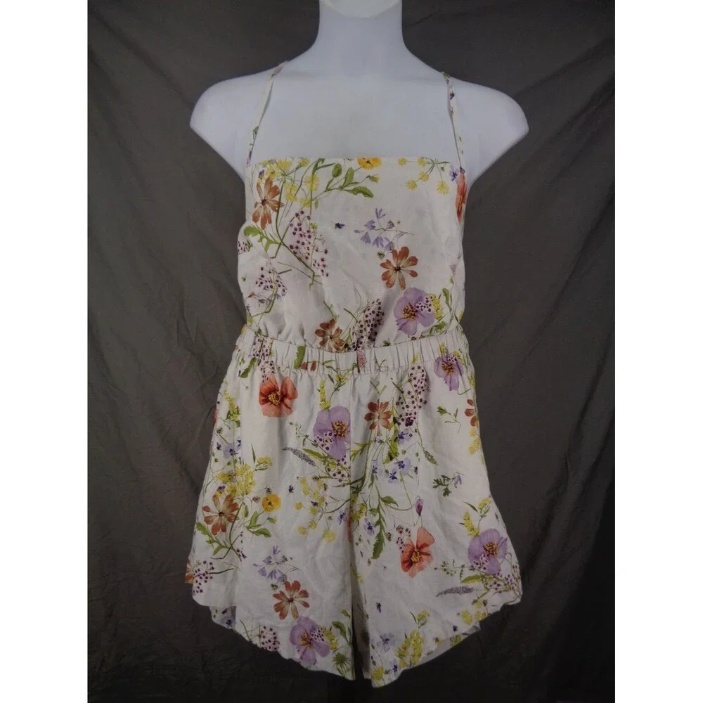 H&M Floral Linen Blend Romper Strappy Size XL Wildflower Meadow Collection New